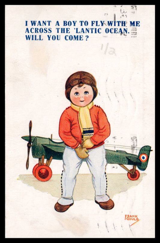 Vintage postcard featuring a child aviator standing next to an airplane. - Image: MA-PC_0049