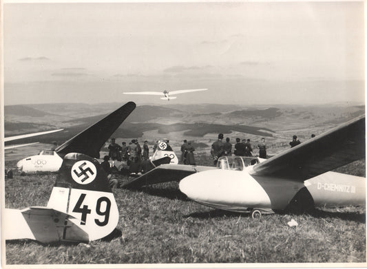 Black and white photograph of a 1930s glider airshow with historical markings. - Image: Folder15-1