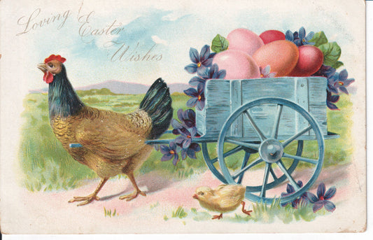 Vintage Easter postcard depicting a hen, chick, and cart of colorful eggs. - Image: 2025-04-13-0056