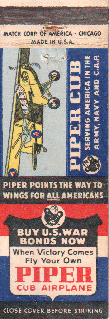 Vintage matchbook featuring an illustration of a Piper Cub airplane - Image: 2025-04-12-0005