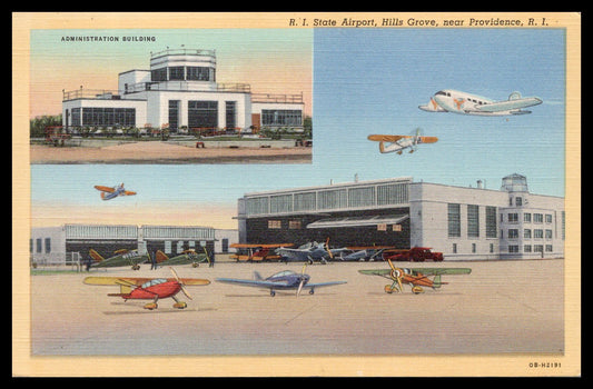 Vintage postcard featuring R.I. State Airport with biplanes and an airliner. - Image: MA-PC_0017
