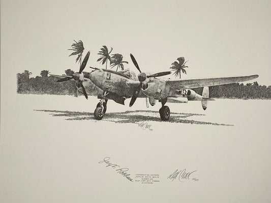 Detailed illustration of a Lockheed P-38 Lightning aircraft on an airstrip. (File: F3F3IMG_1649.JPG)