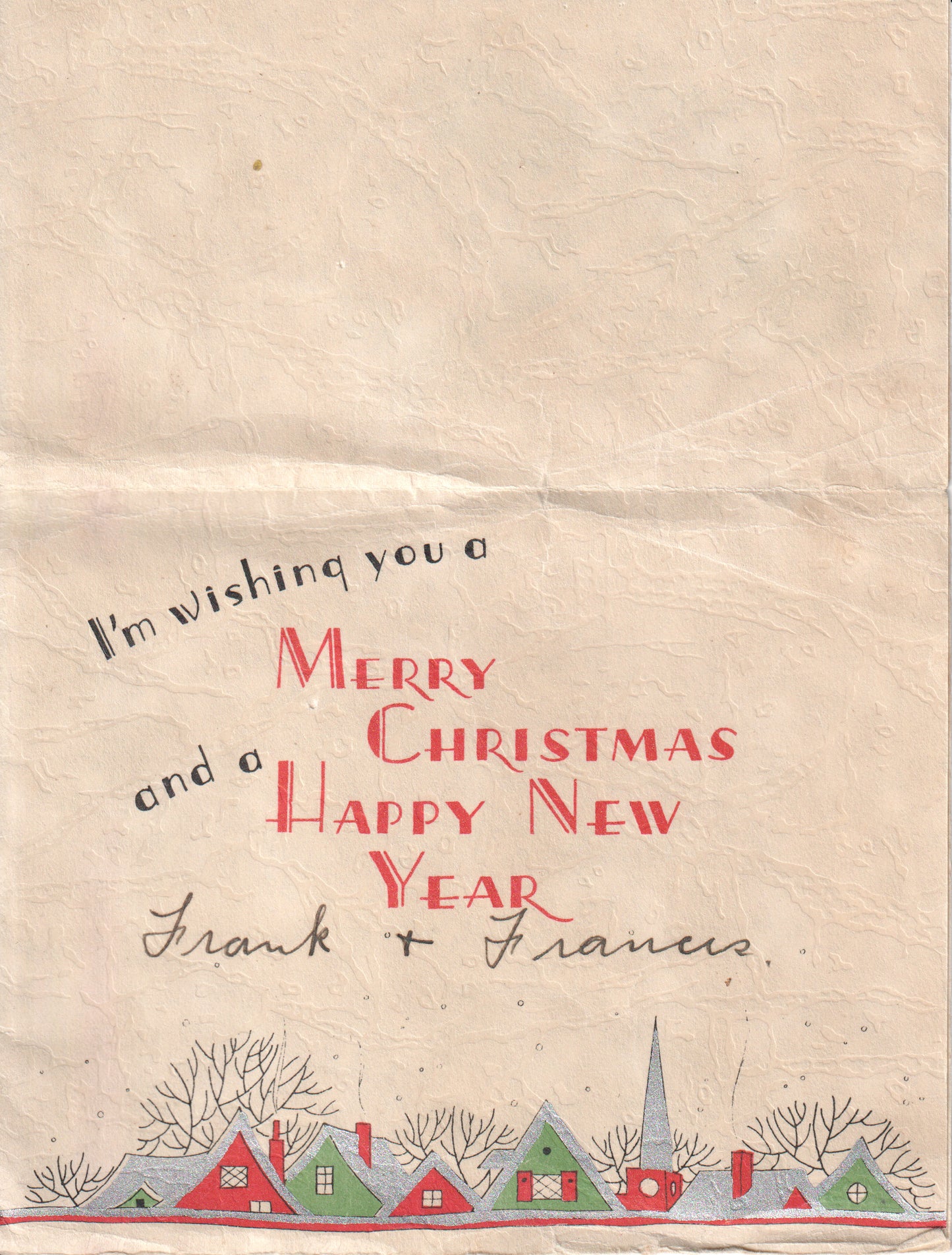 Vintage "Merry Christmas and Happy New Year" card featuring colorful cottages - Image: 2025-04-15-0012