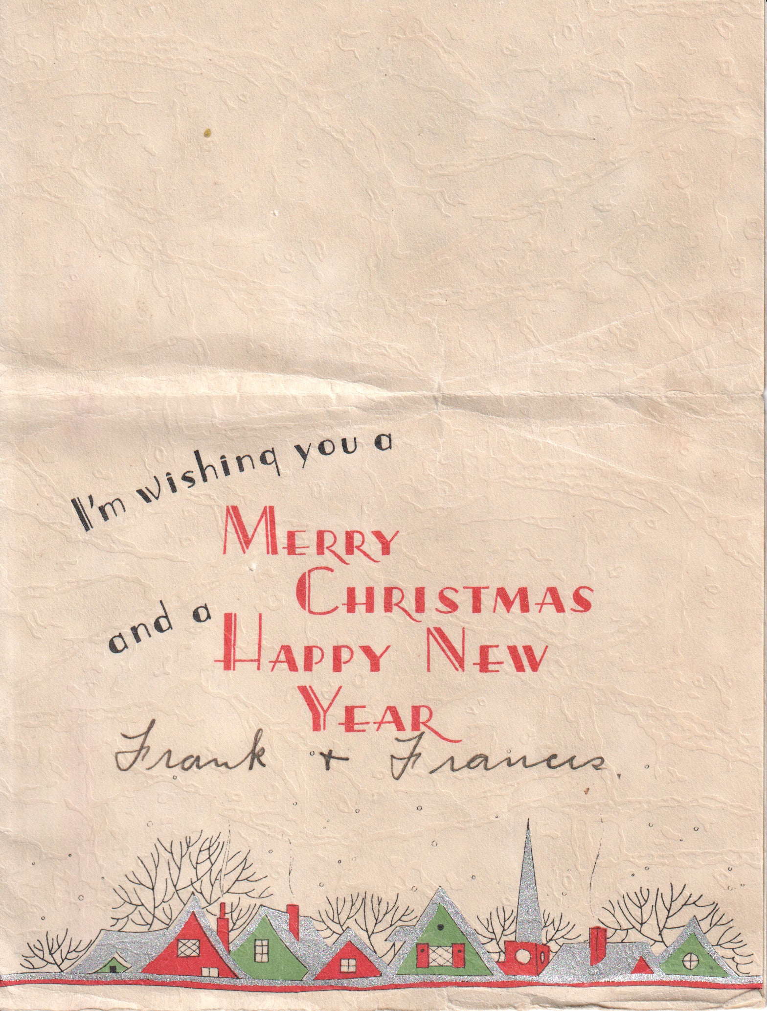 Vintage "Merry Christmas and Happy New Year" card featuring colorful cottages - Image: 2025-04-15-0012