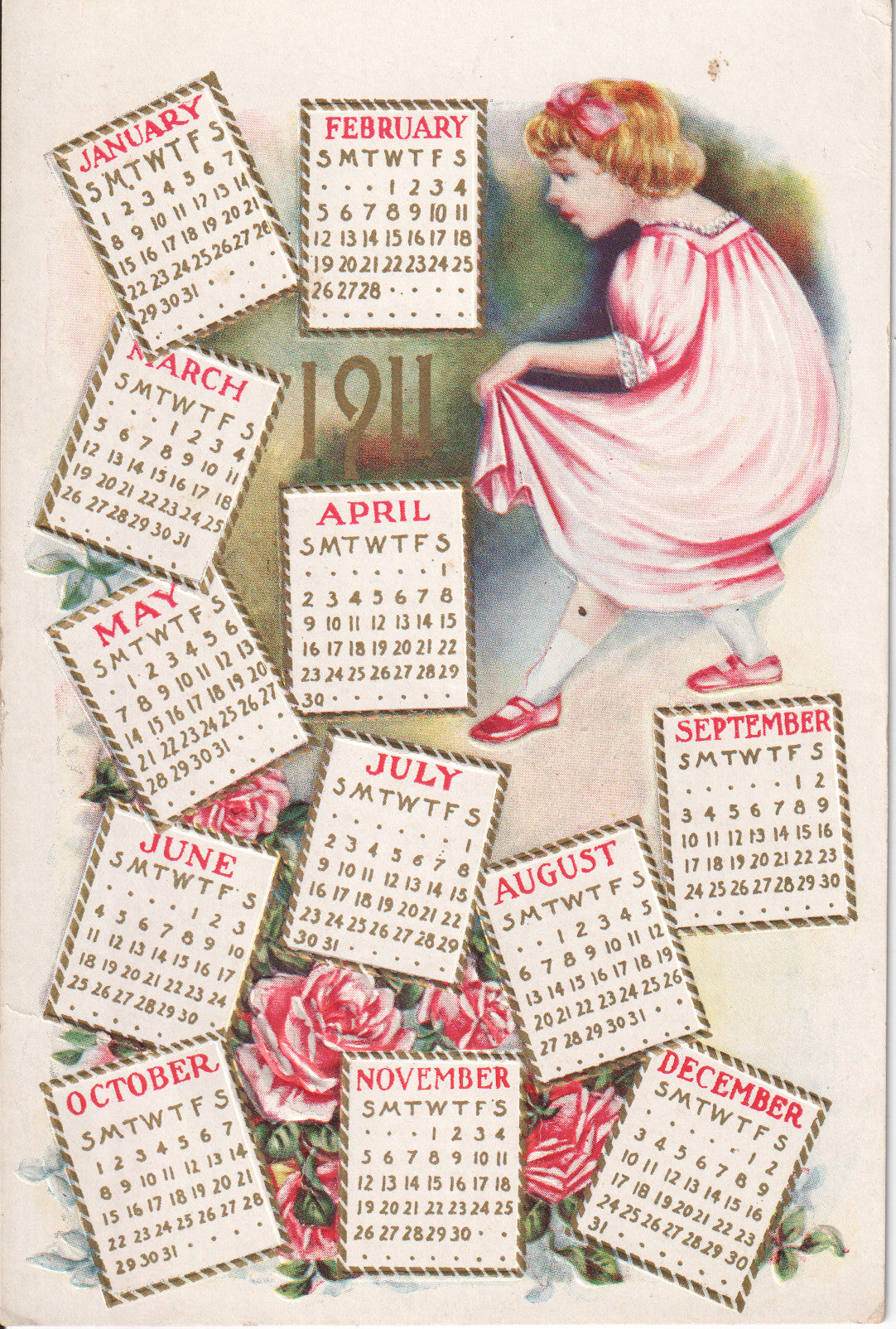 A vintage postcard from 1911 featuring a girl and a monthly calendar. - Image: 2025-04-13-0058