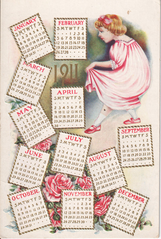 A vintage postcard from 1911 featuring a girl and a monthly calendar. - Image: 2025-04-13-0058