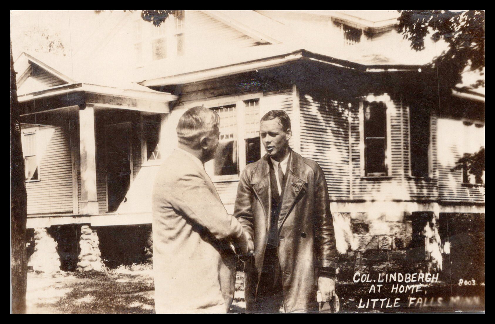 Vintage postcard of Colonel Lindbergh at home in Little Falls, Minnesota. - Image: MA-PC_0045