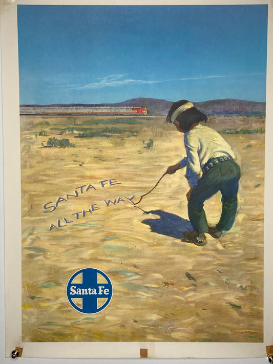 IMG_1669.JPG: Vintage Santa Fe Railway travel poster depicting a child in the desert.