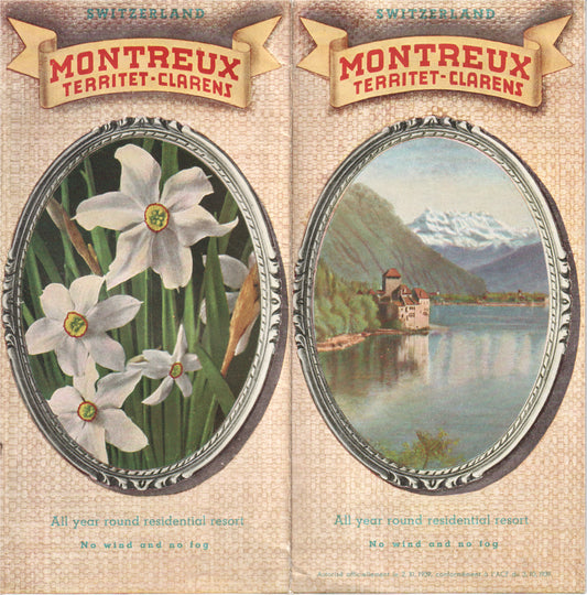 Vintage travel brochure featuring flowers and scenic lake views from Montreux, Switzerland. - Image: 2025-04-13-0001