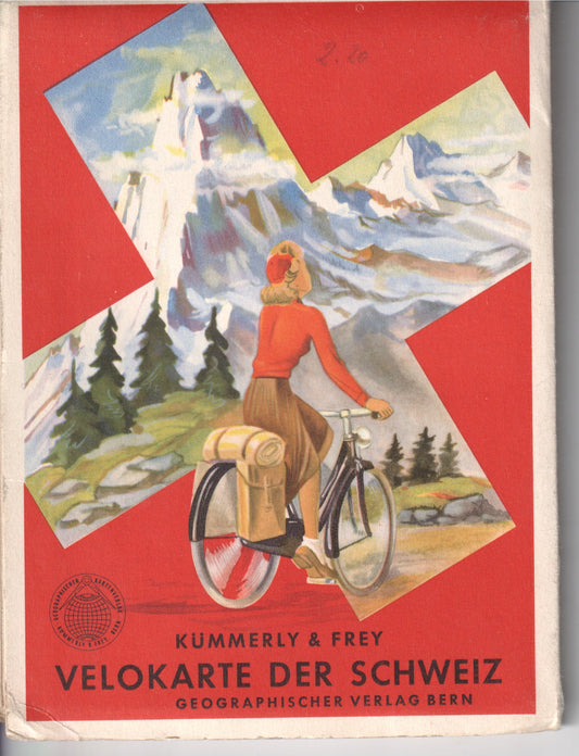 Vintage cycling map of Switzerland featuring a woman on a bicycle. - Image: 2025-04-13-0004
