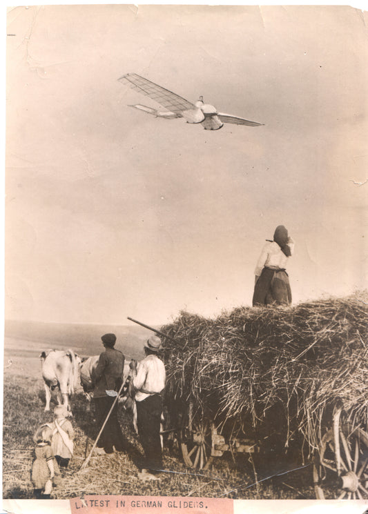 Black and white photograph of a German glider over a farming scene with people and cows. - Image: Folder26-3