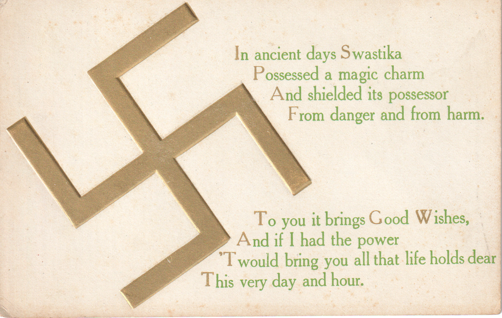 Vintage postcard featuring a golden swastika symbol and poetic text. - Image: 2025-04-13-0038