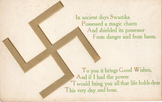 Vintage postcard featuring a golden swastika symbol and poetic text. - Image: 2025-04-13-0038