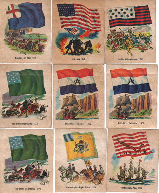 A collection of nine vintage postcards depicting American flags and historical events - Image: 2025-04-12-0030