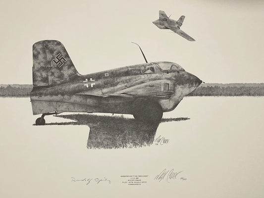 Limited edition aviation art print by Max Crace featuring the Messerschmitt Me 163B Komet rocket-powered interceptor in dramatic flight over wartime skies, with vivid detailing and historic accuracy