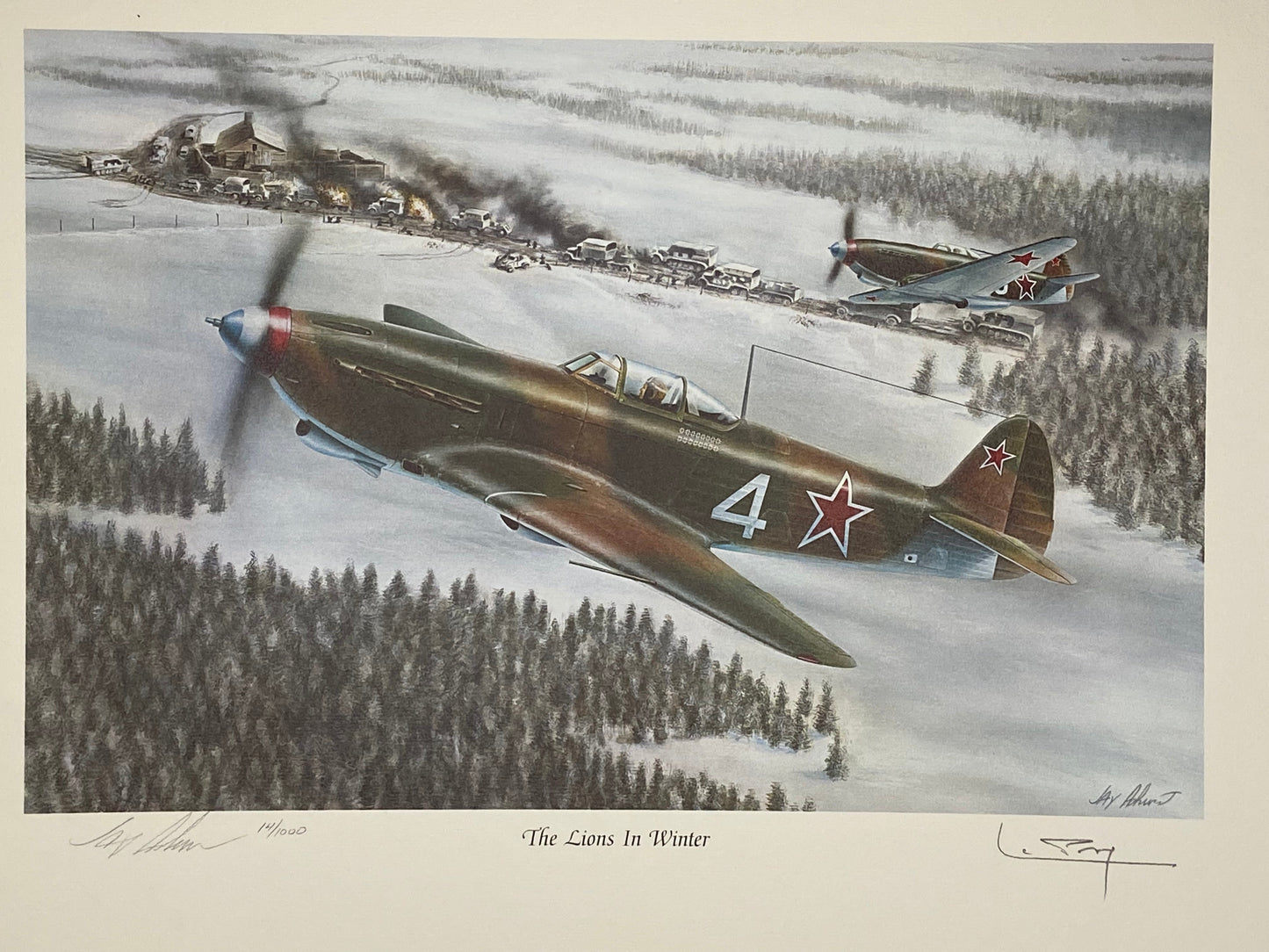 Aviation Art: "Lions in Winter", a limited edition lithograph signed by Roland de la Poype, featuring Yak-9s flying in the snow, brought to you by The Ephemera Bureau.