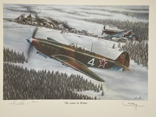 Aviation Art: "Lions in Winter", a limited edition lithograph signed by Roland de la Poype, featuring Yak-9s flying in the snow, brought to you by The Ephemera Bureau.