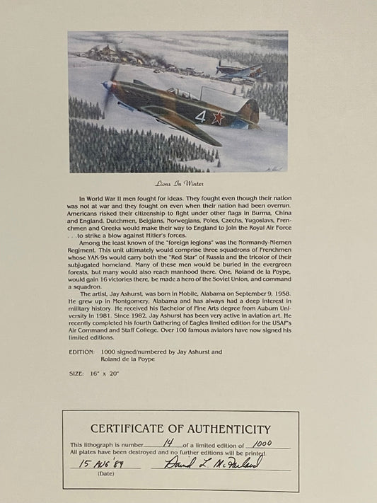 The Ephemera Bureau offers a Limited Edition Lithograph signed by Roland de la Poype featuring Lions in Winter, accompanied by a certificate of authenticity, showcasing stunning Aviation Art.