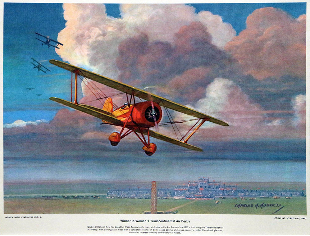 A collection of 12 aviation prints featuring famous feminine daredevils flying over a city, created by Mostly Aviation.
