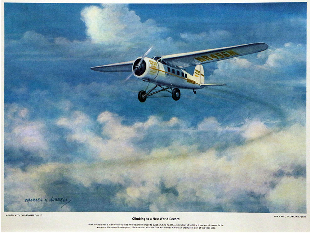 Aviation prints capturing America's Women With Wings in 12 lithographs by Charles H. Hubbell, showcasing their daring feats as feminine daredevils of the not too distant past.