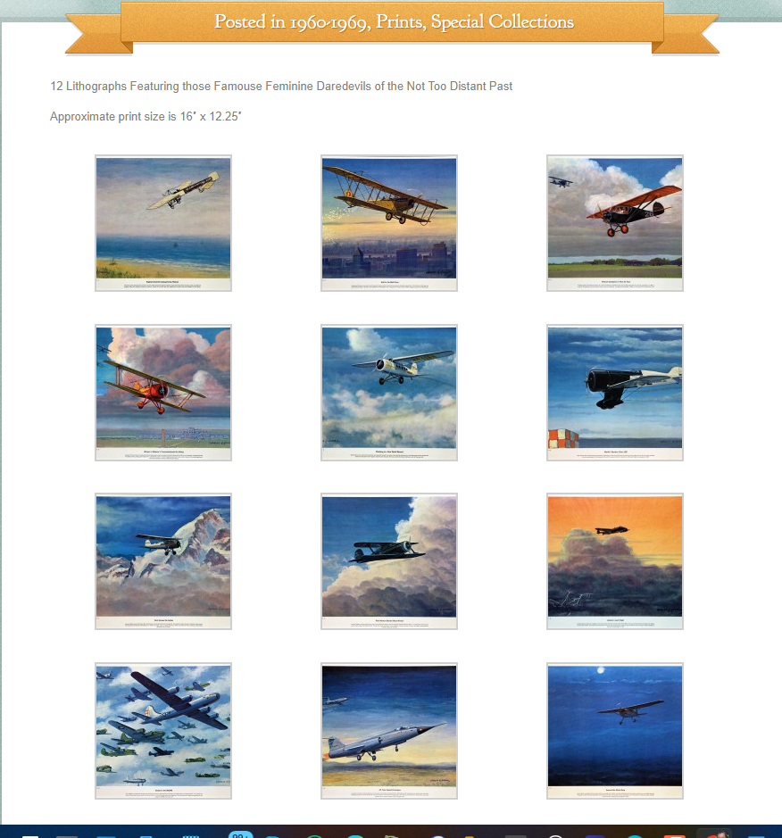 The collection "America's Women With Wings," created by Charles H. Hubbell and presented by Mostly Aviation, features 12 lithographs that celebrate vintage airplanes and honor female aviators through various flight scenes. Each piece portrays a distinct airplane, setting, and sky, thoughtfully arranged in a 4x3 grid format to highlight these famous feminine daredevils of the not-too-distant past.