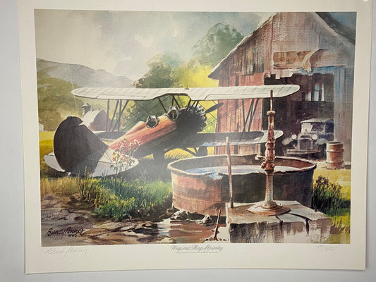A colorful lithograph of a biplane near a rustic farm. - File: F1IMG_1643.JPG