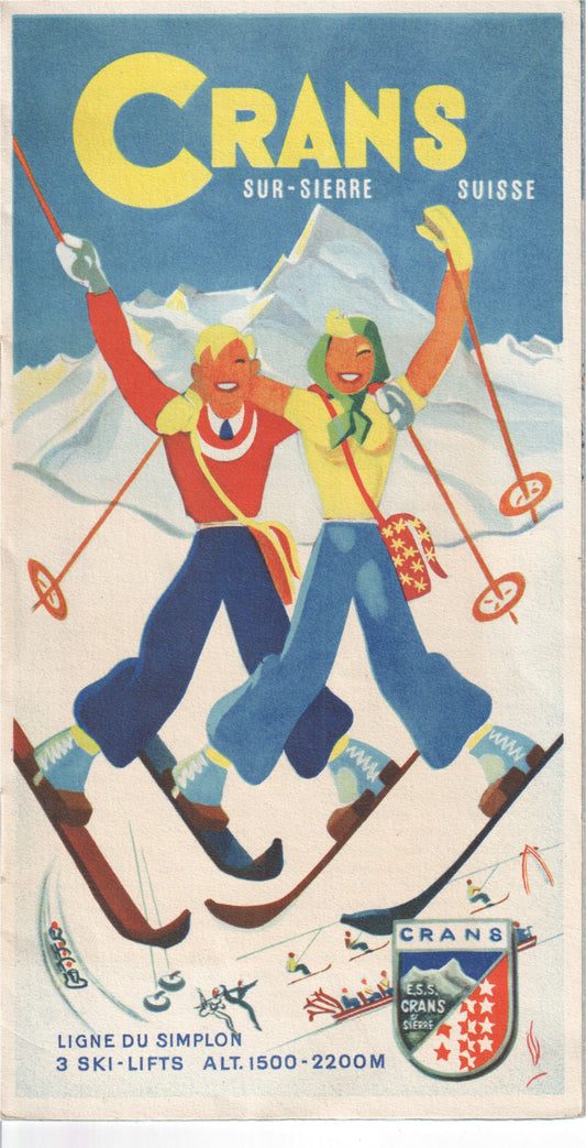 A vintage travel poster promoting Crans-sur-Sierre ski resort with colorful illustrations of skiers. - Image: 2025-04-13-0025
