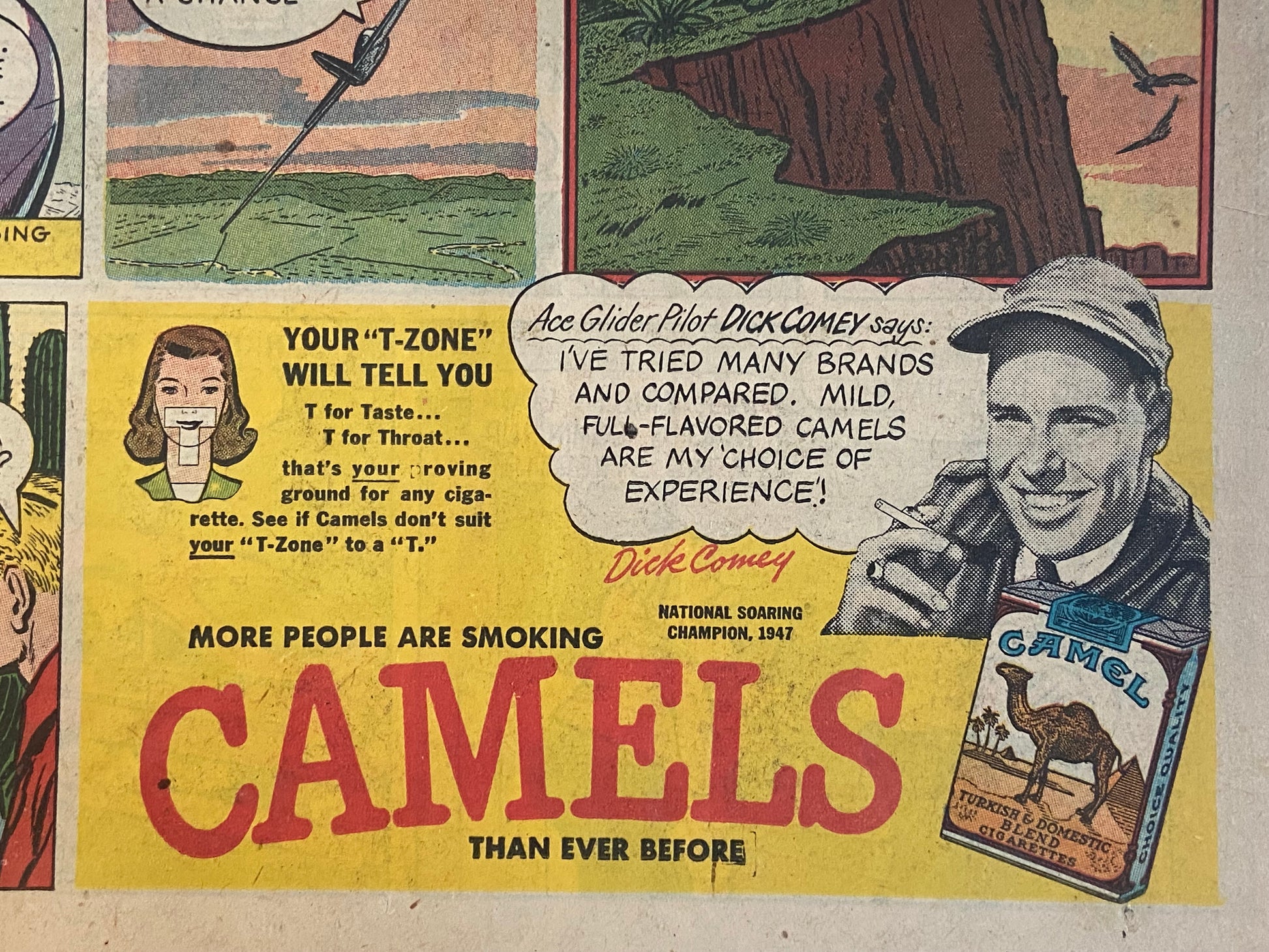 Vintage Camel Cigarettes advertisement featuring Dick Comey (File: F8IMG_1694.JPG)