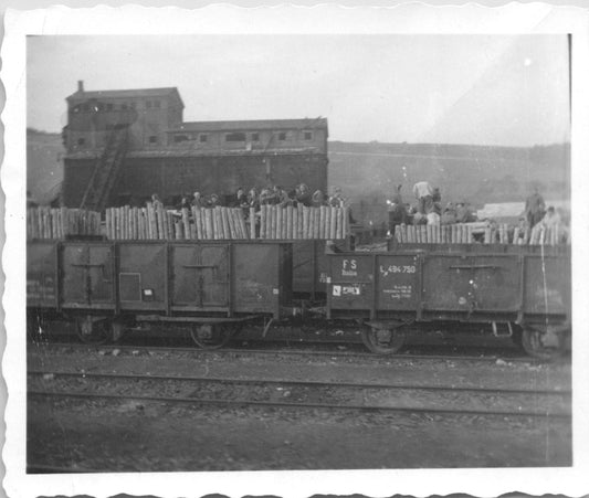 Black and white photograph of a freight train with workers and timber, set in an industrial landscape. - Image: 2025-08-25-0066
