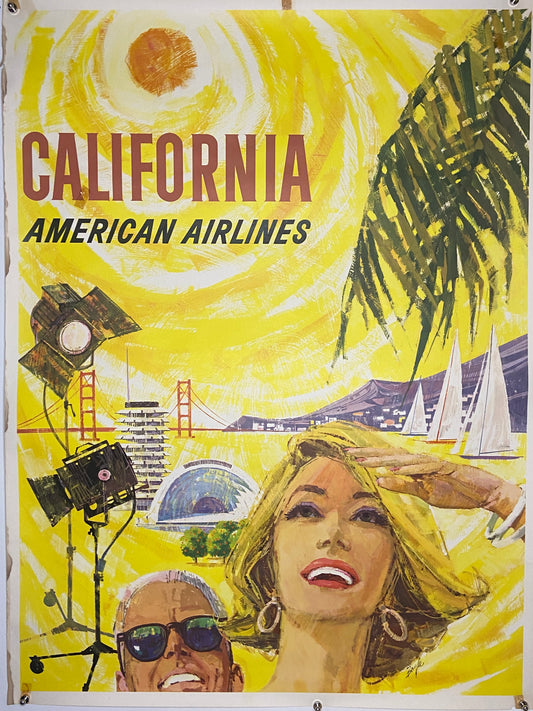 Vintage American Airlines travel poster featuring California landmarks. (File: IMG_1680.JPG)