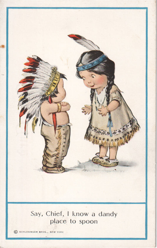 Vintage postcard featuring Native American children in traditional dress with playful expressions. - Image: 2025-04-13-0040