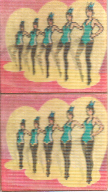 Vintage animated flasher card featuring dancing girls in teal costumes. - Image: 2025-04-12-0024
