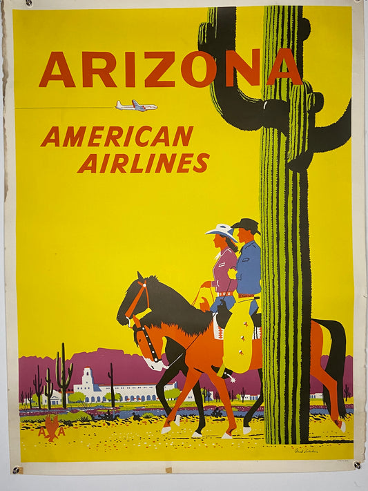 Vintage American Airlines travel poster featuring cowboys in a desert landscape (File: IMG_1685.JPG)