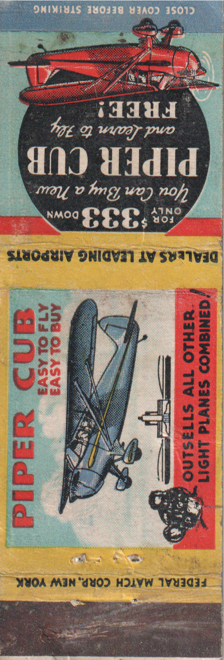 Vintage Piper Cub matchbook with vibrant aircraft illustration and advertising text. - Image: 2025-04-12-0009