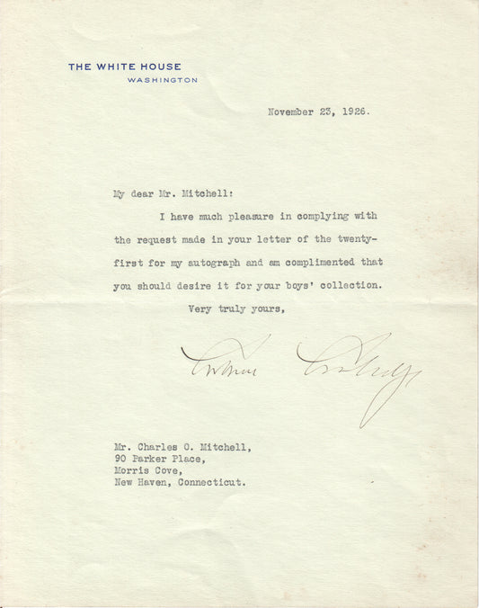 A signed letter from President Calvin Coolidge on official White House stationery