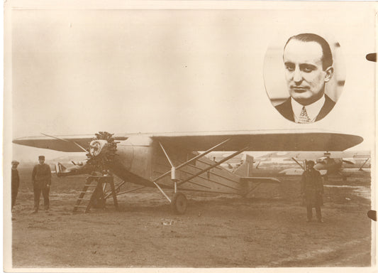 Vintage photograph of an early 20th-century biplane with a pilot's portrait. - Image: Folder27-9