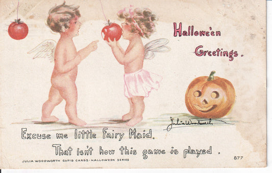 Vintage Halloween card featuring cherubic fairies and a playful pumpkin. - Image: 2025-04-13-0052