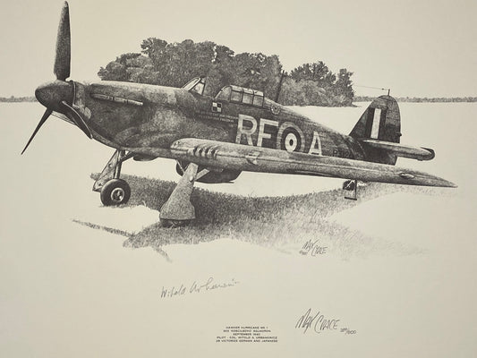Detailed black and white illustration of a Hawker Hurricane Mk I aircraft. (File: F3F3IMG_1652.JPG)