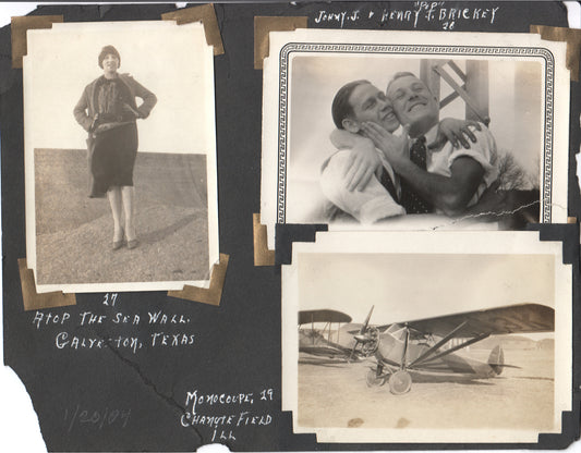Vintage photo montage featuring a woman on Galveston sea wall and two men with a vintage airplane. (File: Folder8-1.jpg)
