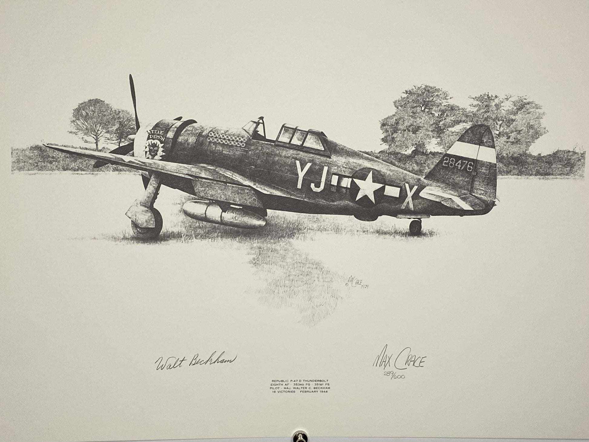 Hand-signed lithograph of a P-47 Thunderbolt aircraft in black and white (File: F3F3IMG_1648.JPG)