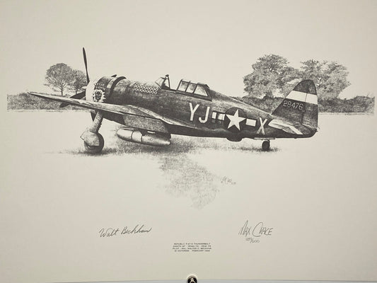 Hand-signed lithograph of a P-47 Thunderbolt aircraft in black and white (File: F3F3IMG_1648.JPG)